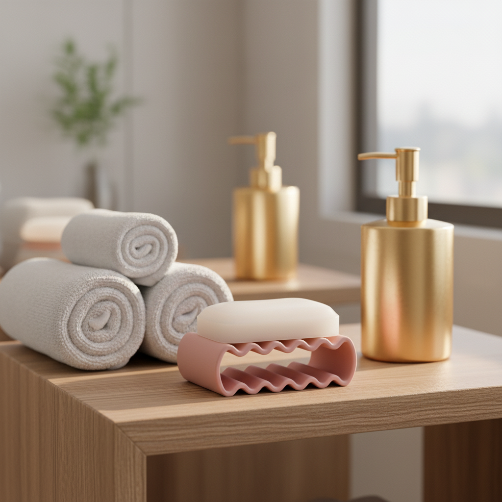 Wibble Soap Dish dusty pink on wooden vanity beside gold dispenser