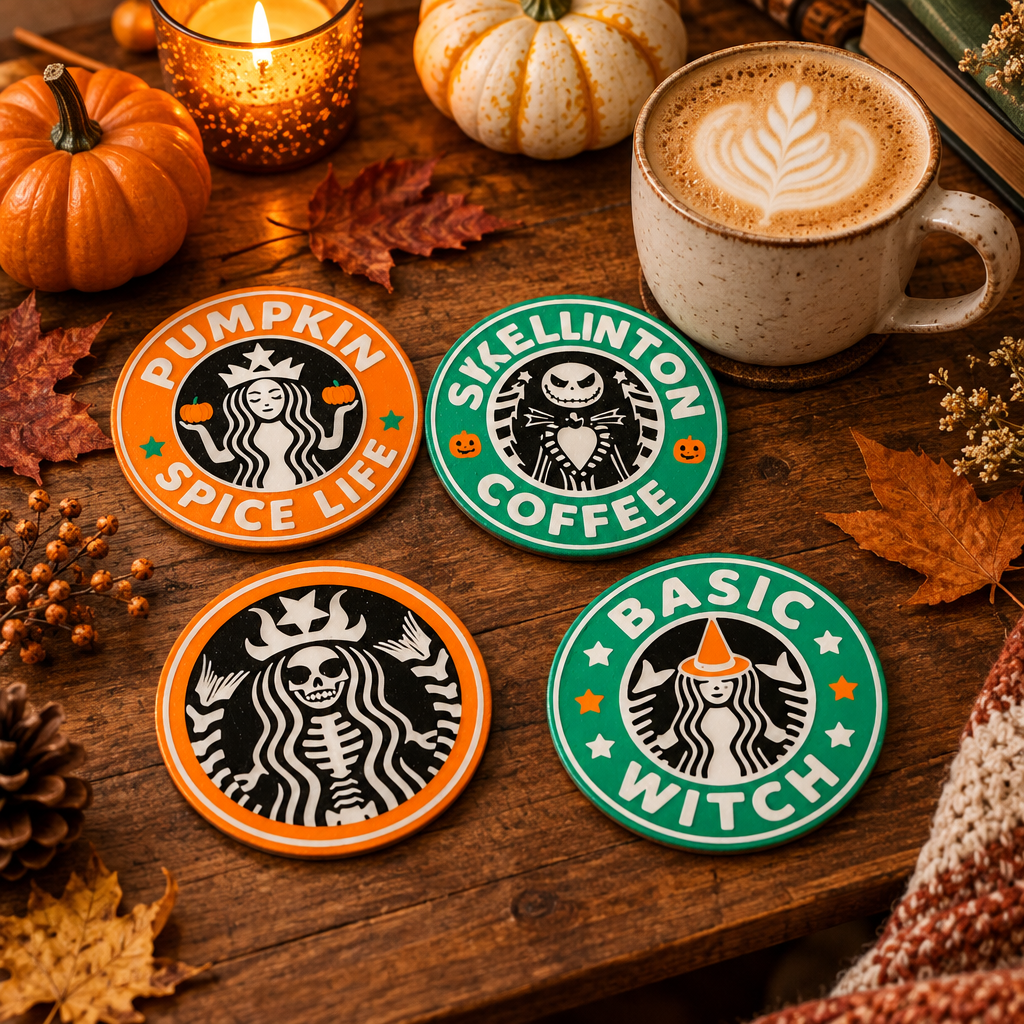 Four colourful finished Halloween coffee coasters in a warm autumn tabletop setting