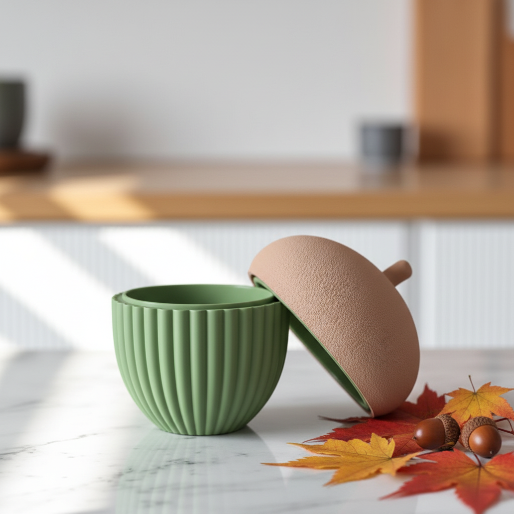 Ribbed Acorn Container - Green colourway on marble counter with foliage
