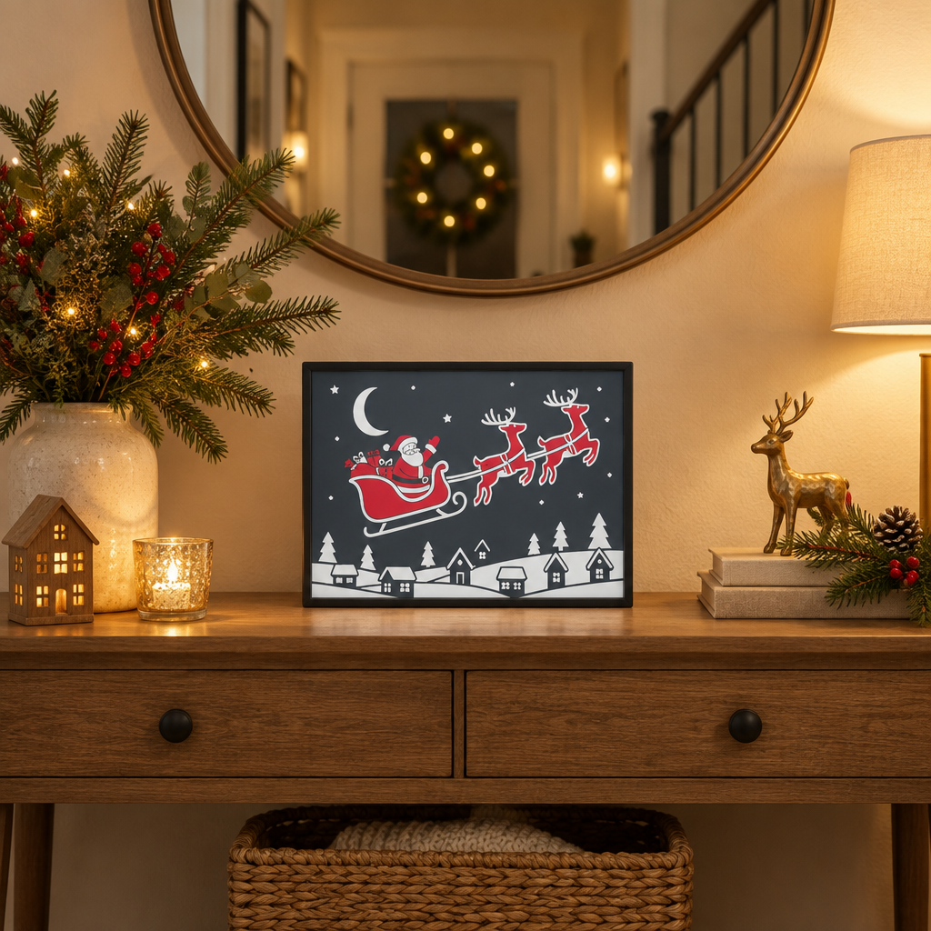 Framed Santa and reindeer Christmas illustration displayed on a hallway console beneath a round mirror