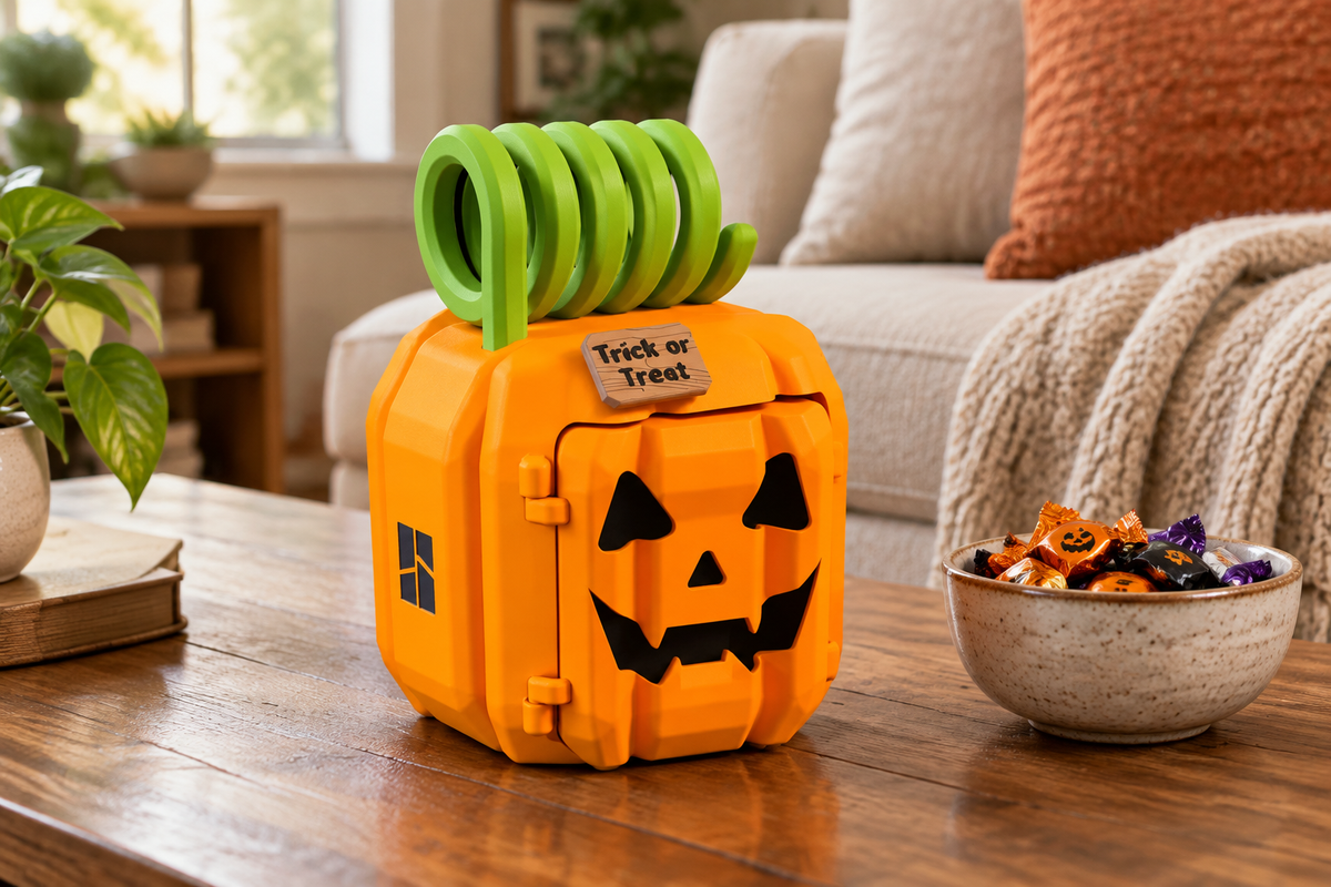 Orange pumpkin treat box with its face door closed on a living room coffee table