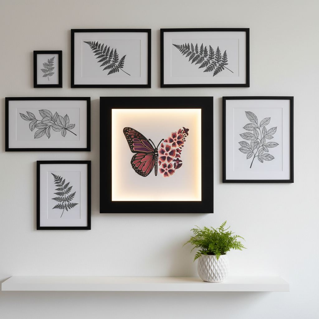 Butterfly Shadow Box displayed on a white living room gallery wall with botanical prints