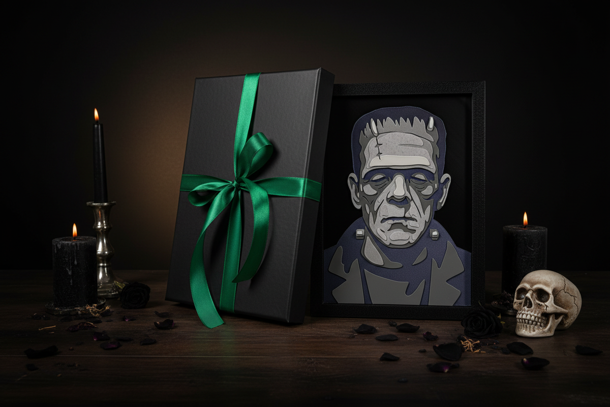 Frankenstein's Monster Shadow Box presented as a gift in a matte black box with green ribbon and gothic decorations
