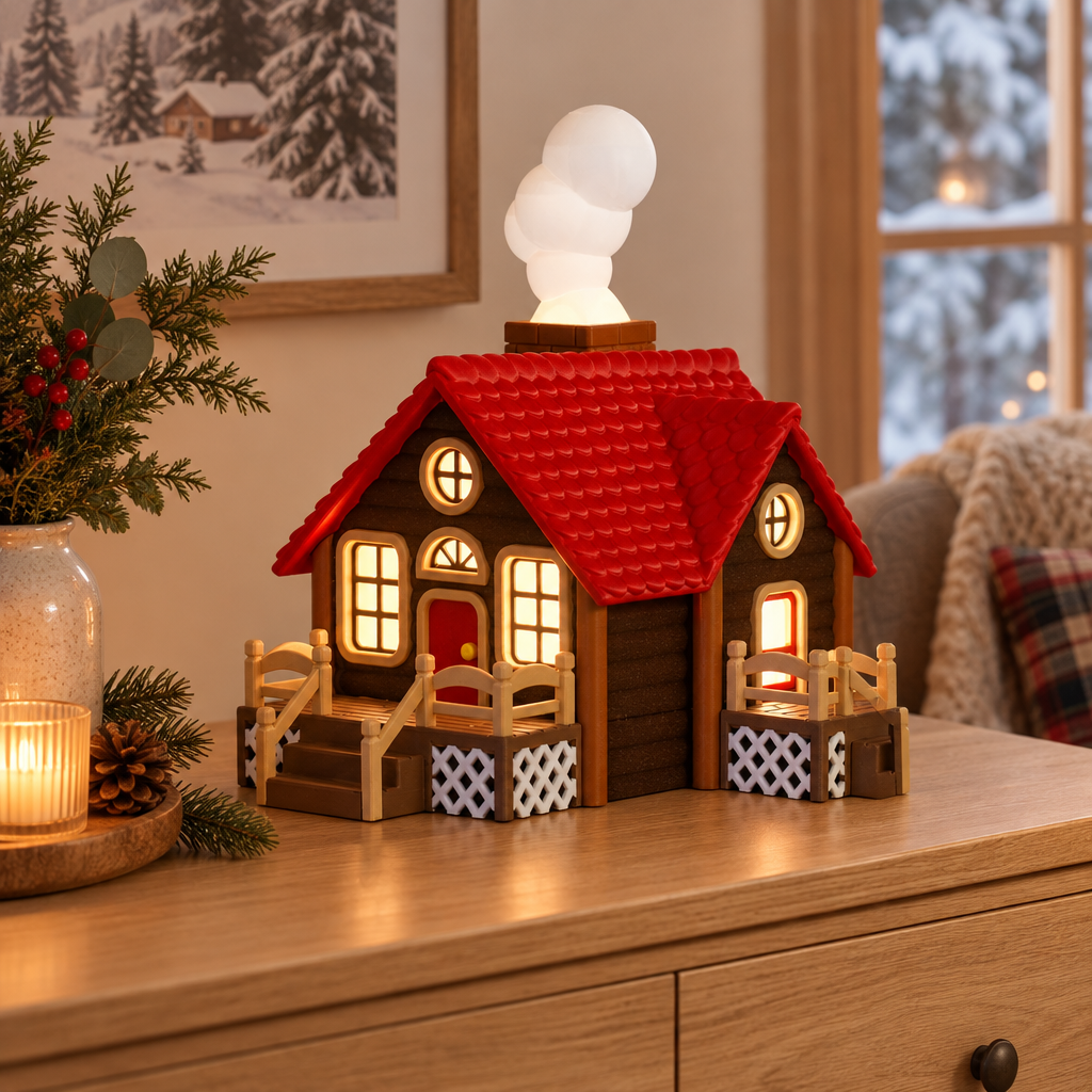 Log cabin tealight holder displayed on a light oak sideboard