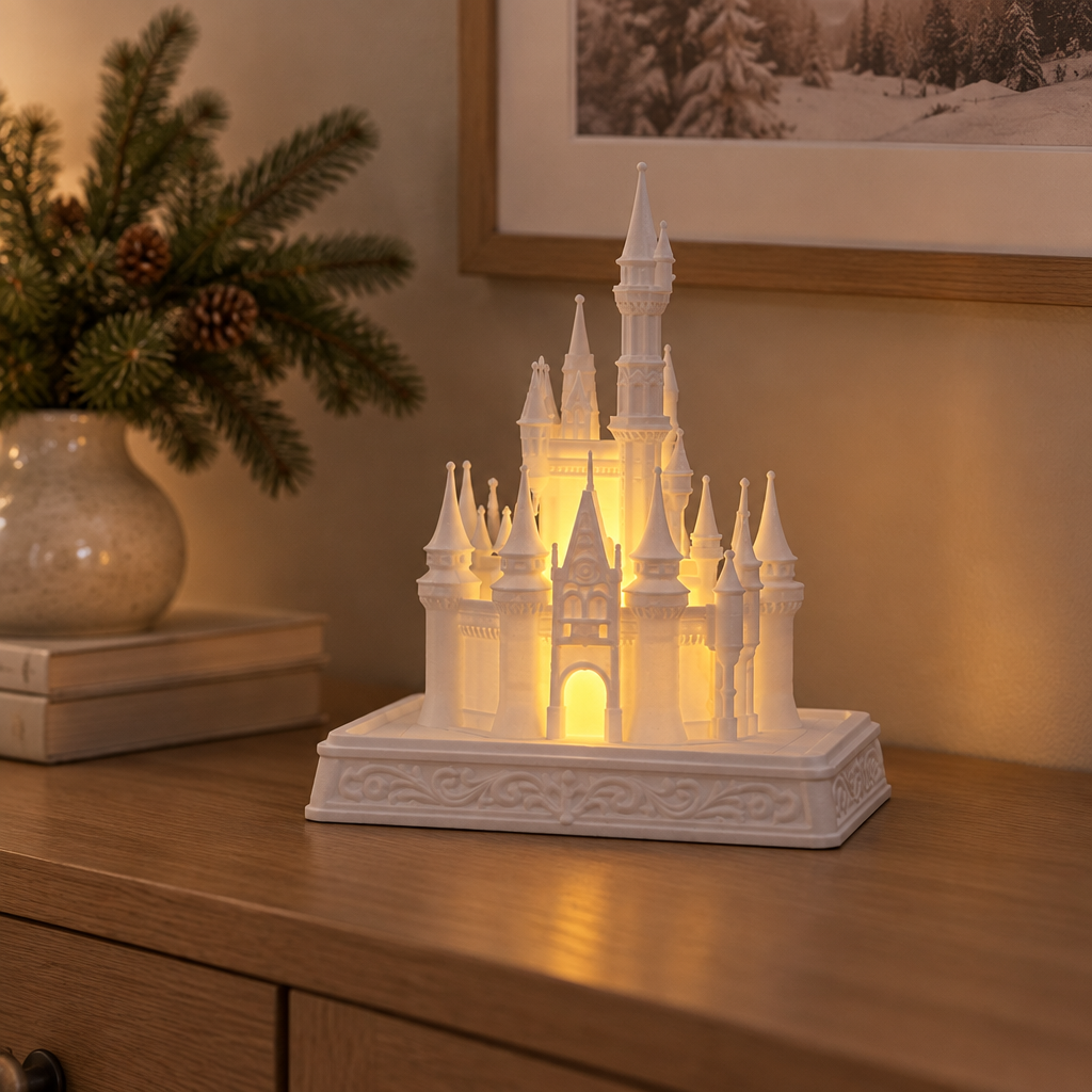 White castle tealight holder on a simple entryway console in a softly lit home