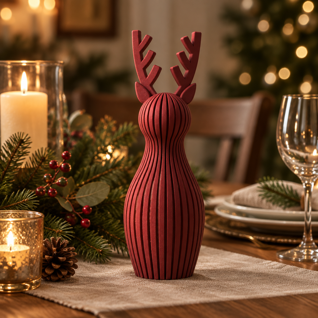 A single red ribbed Christmas reindeer ornament on an elegant holiday dining table