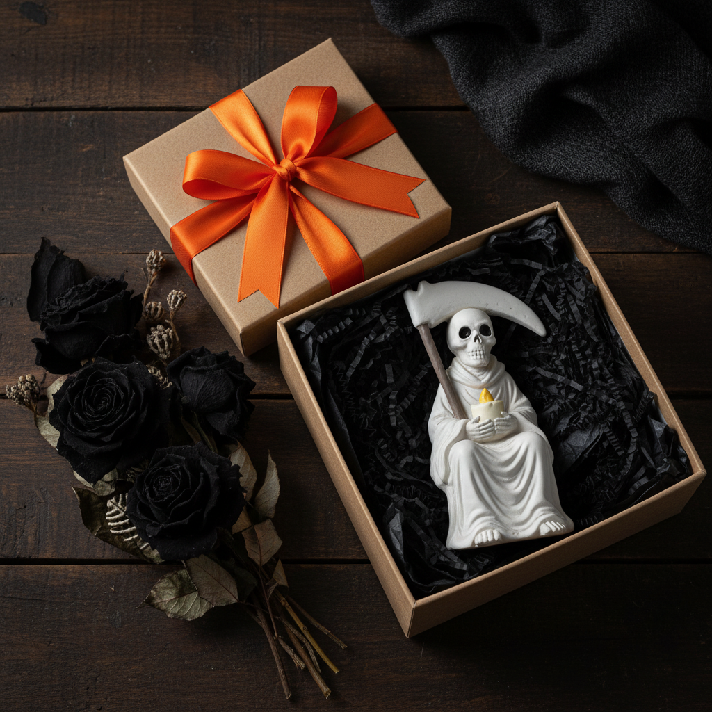 Grim Reaper shelf sitter figurine white matte kraft paper gift box black tissue paper dried black flowers orange ribbon bow dark wooden surface Halloween gothic gift giving overhead square editorial