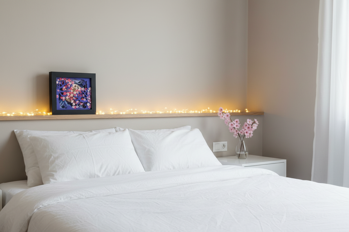 Sakura shadow box on a wooden shelf in a cosy bedroom with white linen, fairy lights and fresh cherry blossoms