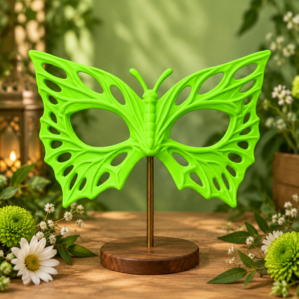 Neon Green Butterfly Mask displayed among flowers at a festival-preparation table.
