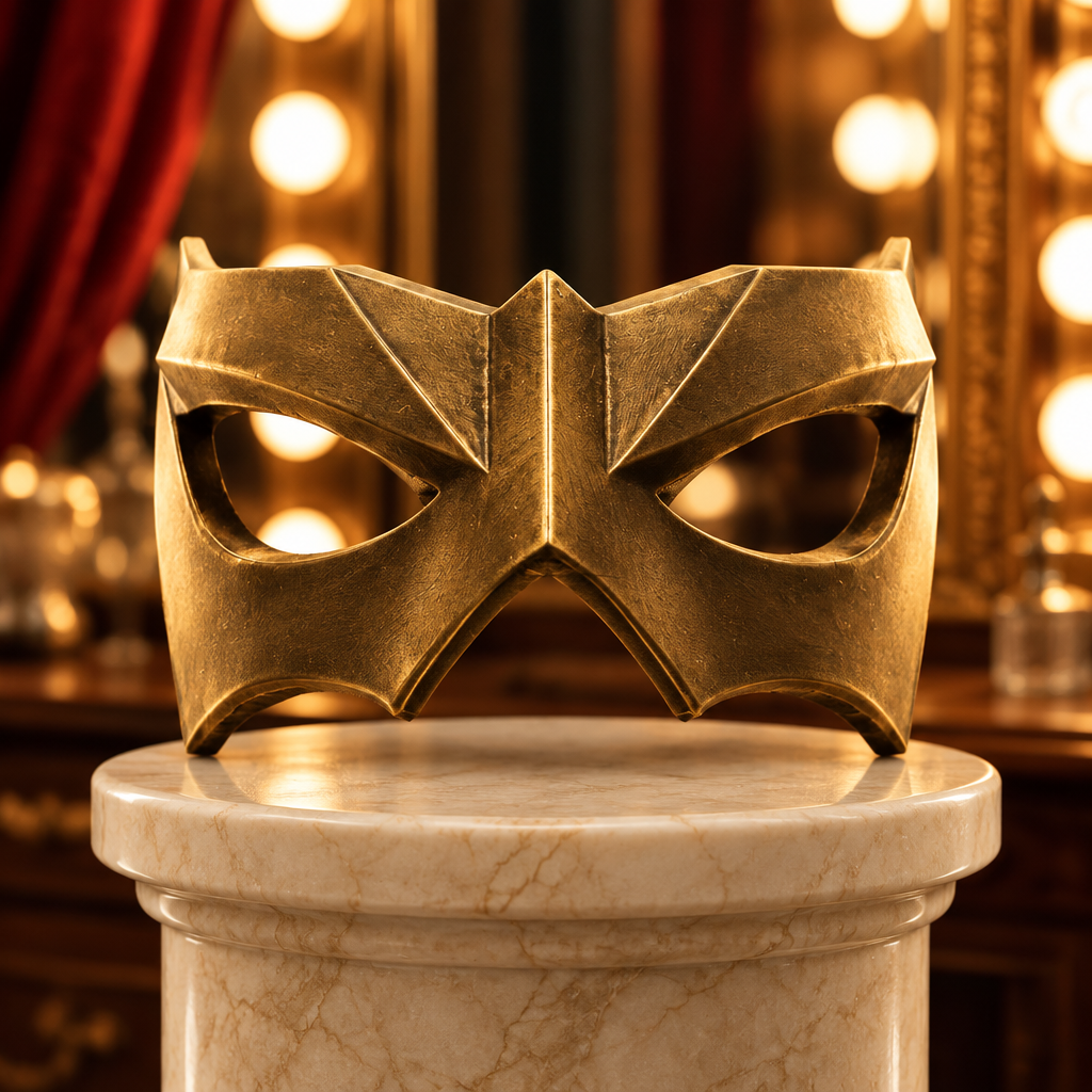 Antique gold angular mask in a theatre dressing room, strap not included