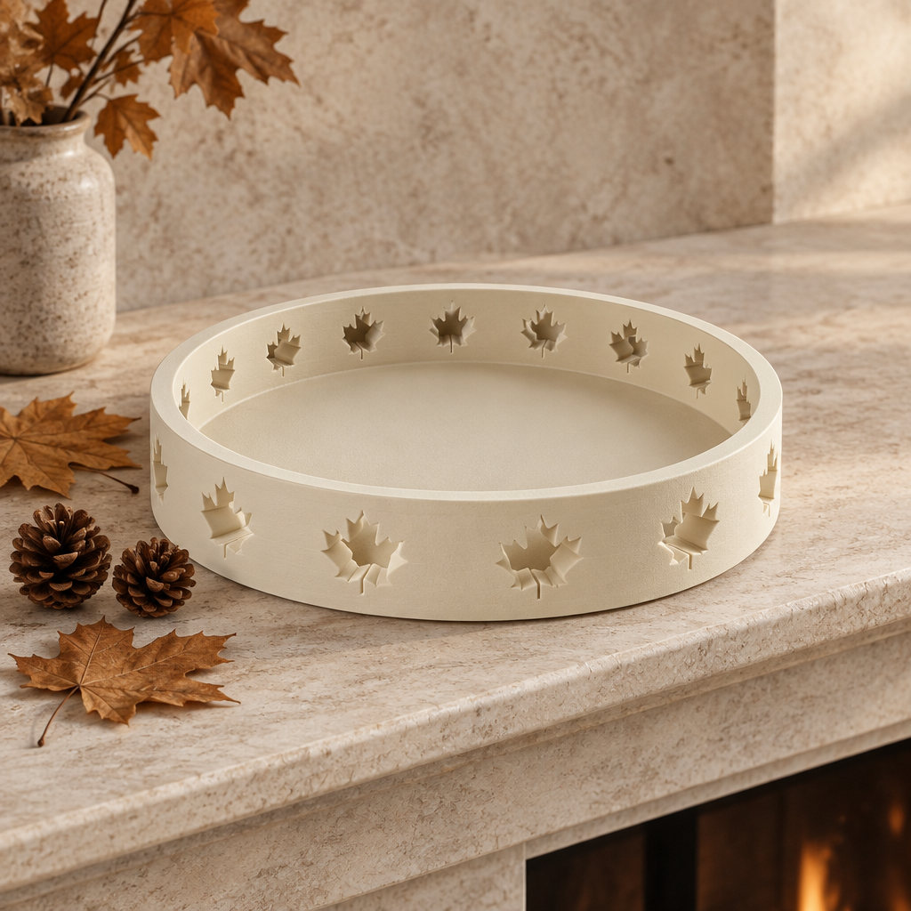 Beige round Autumn Tray with maple-leaf cutouts styled on a stone mantel