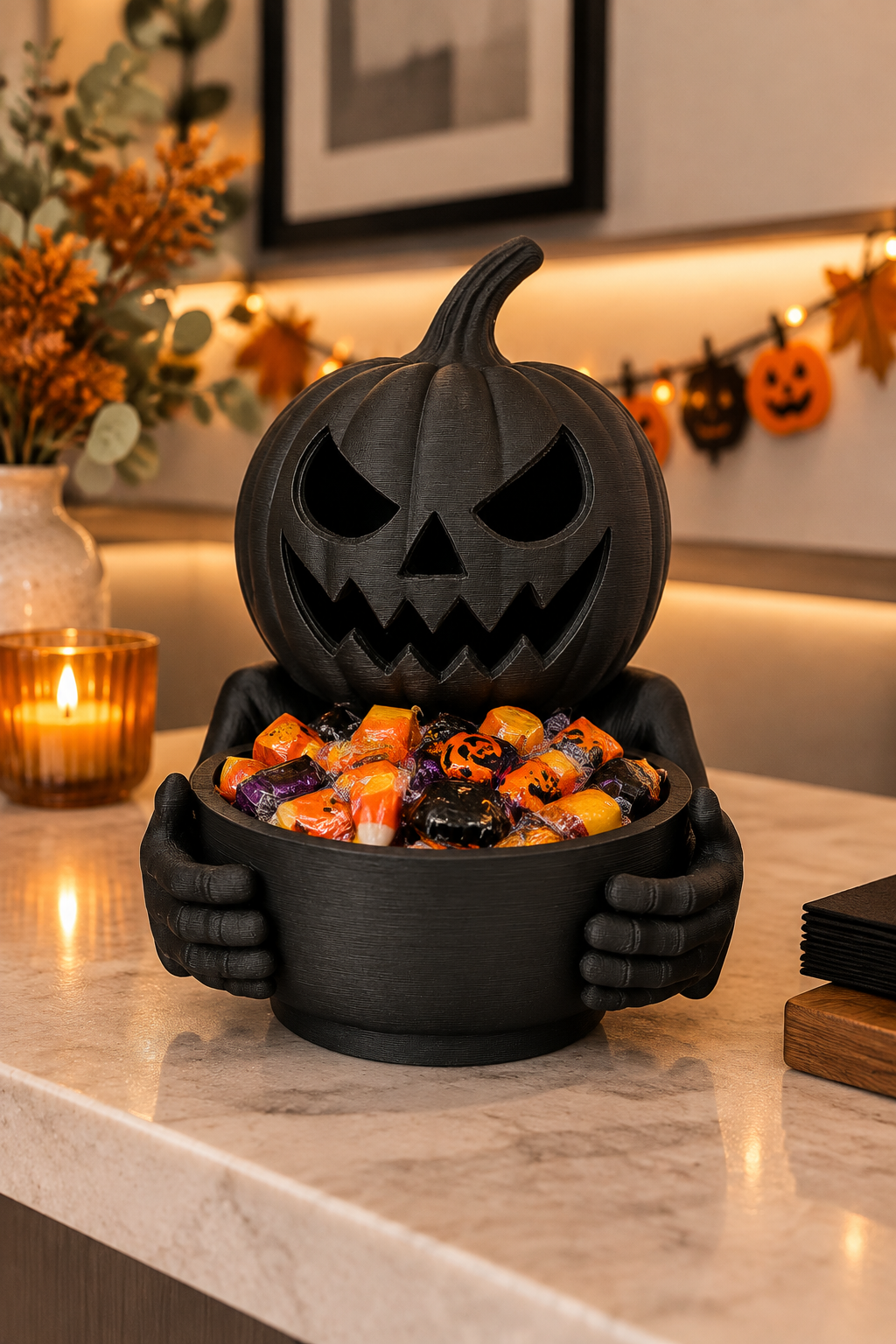 Black pumpkin holding sweets on a Halloween gathering reception counter