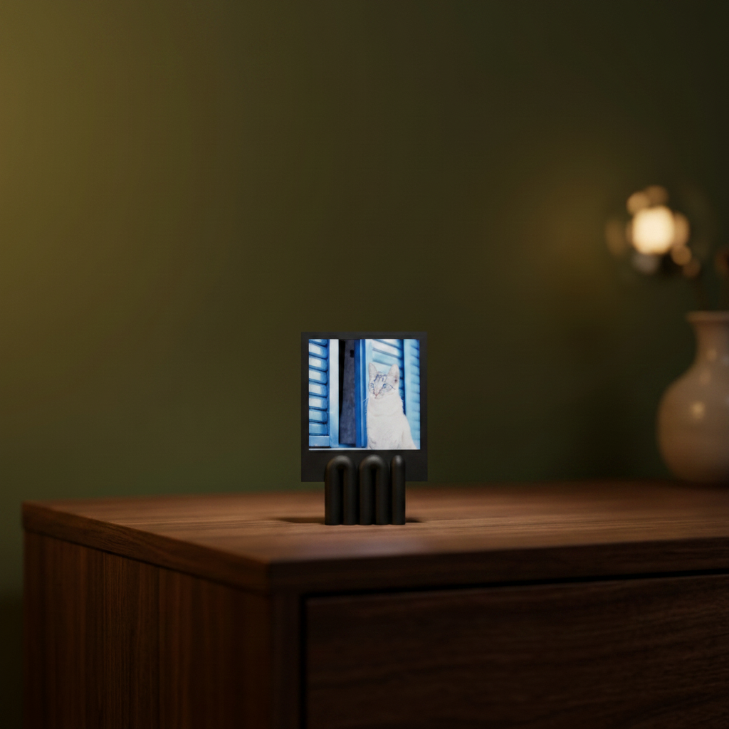Black wibble photo holder on bedside table - lifestyle