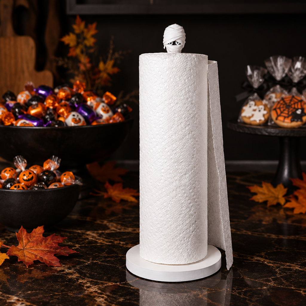 White mummy kitchen towel holder with roll on a Halloween buffet table