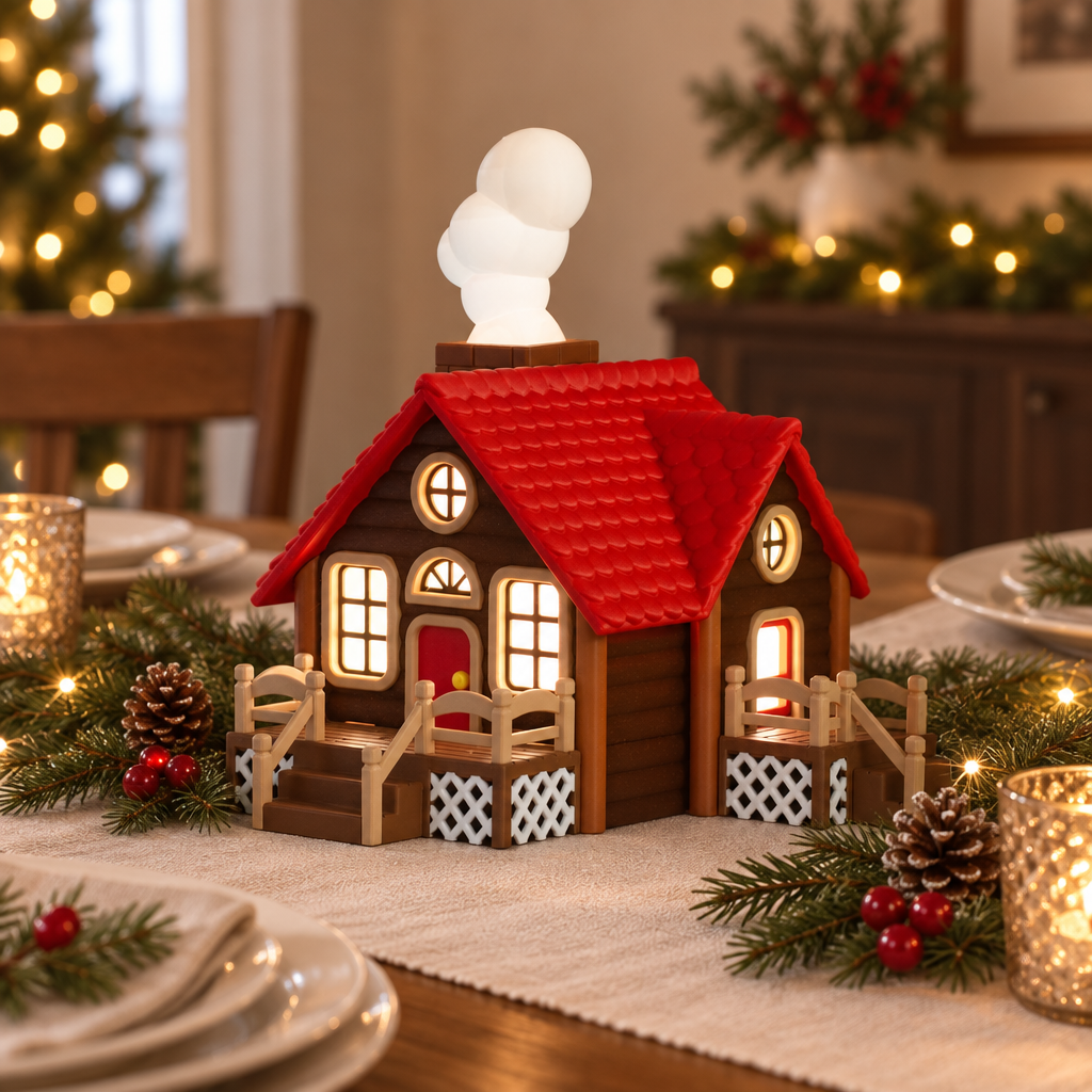 Cabin tealight holder styled as a winter dining-table centrepiece