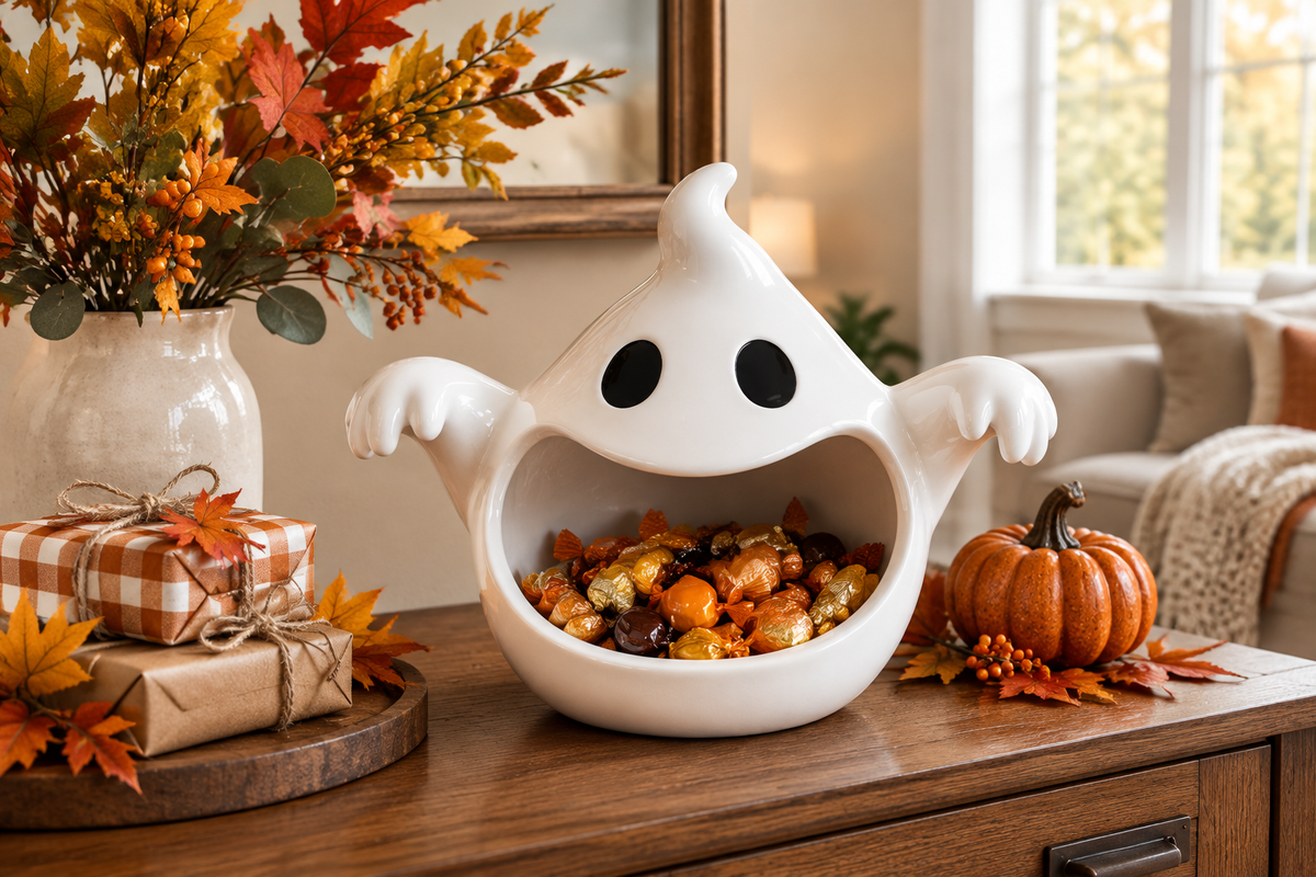 White reaching-arm ghost bowl on a living-room sideboard with wrapped sweets