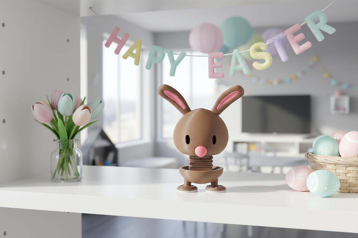 Bunny Springie 3D printed Easter figure on a white shelf in a modern children's room with pastel Easter decorations and spring flowers