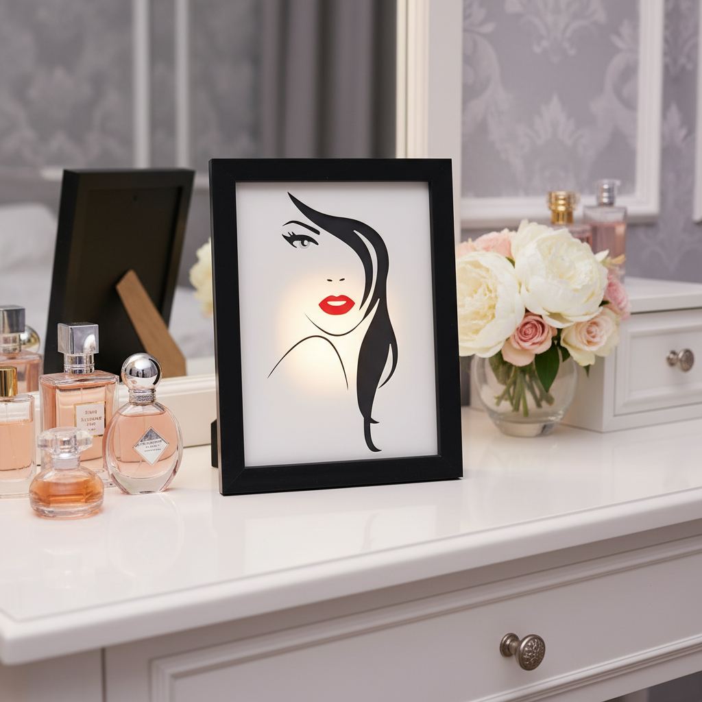 Woman's Face Shadow Box displayed on a white vanity table with perfume bottles and flowers