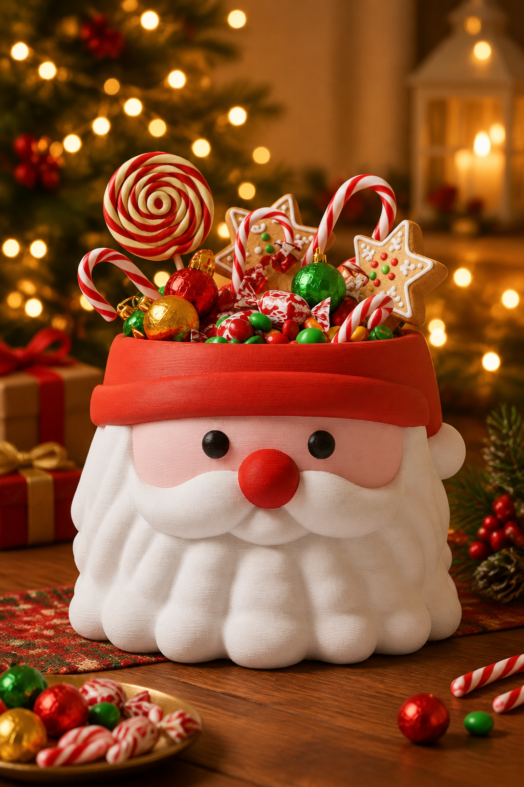 Santa Head sweet bowl filled with wrapped sweets in a warm Christmas evening setting
