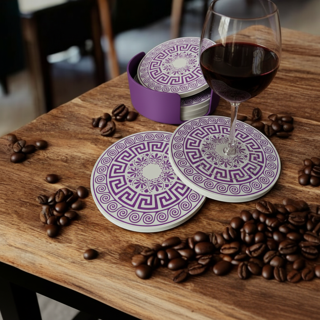 Greek Design Coaster Set - Purple colourway on coffee table with wine glass