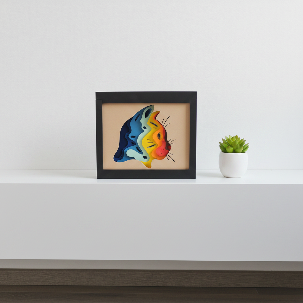 Cat Shadow Box displayed on a white minimalist shelf in a bright modern home with a small plant