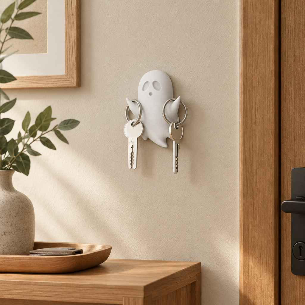 White ghost key holder mounted above an oak console with keys hanging