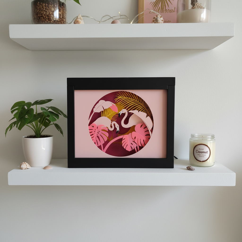 Flamingo Paradise Shadow Box glowing warm pink on a bedroom shelf with tropical decor and candles