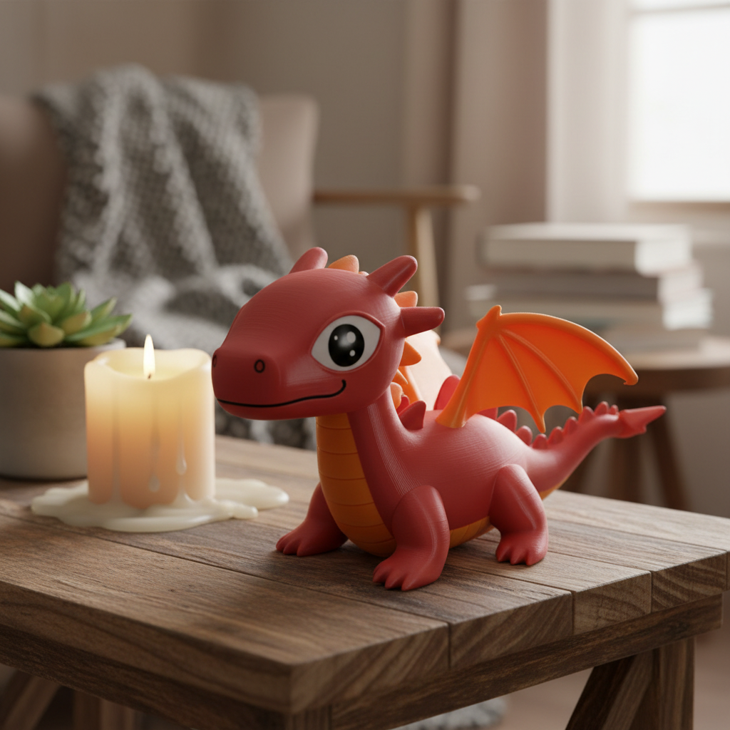 Little Charmkeeper Dragon Figurine - red colourway on rustic side table with candle