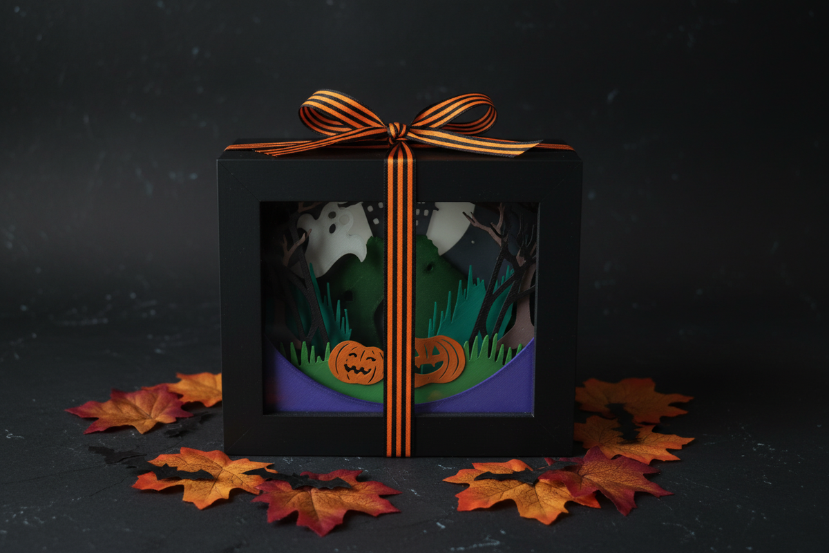 Halloween shadow box presented as a gift with black and orange ribbon and autumn leaves