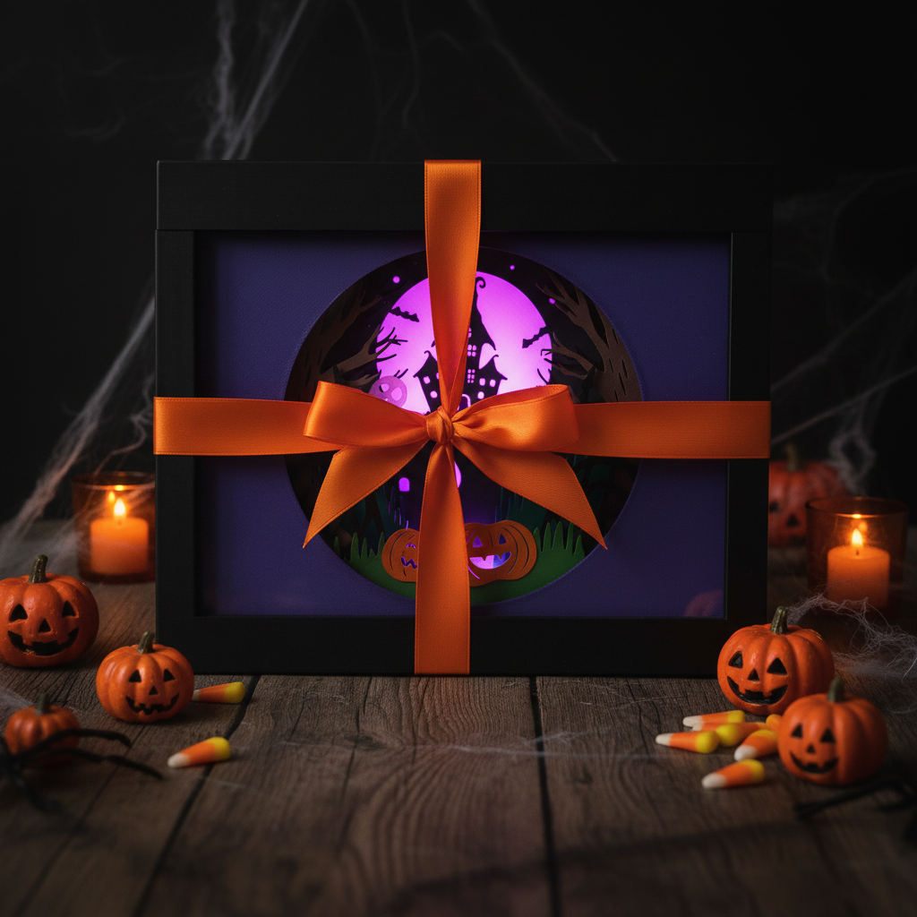 Halloween Haunted Mansion Shadow Box presented as a Halloween gift with orange ribbon on a decorated table
