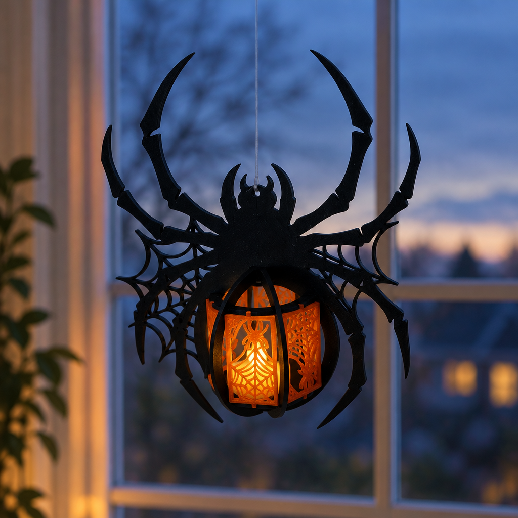 Black spider-shaped tealight holder hanging in front of a window at dusk with a warm battery LED glow