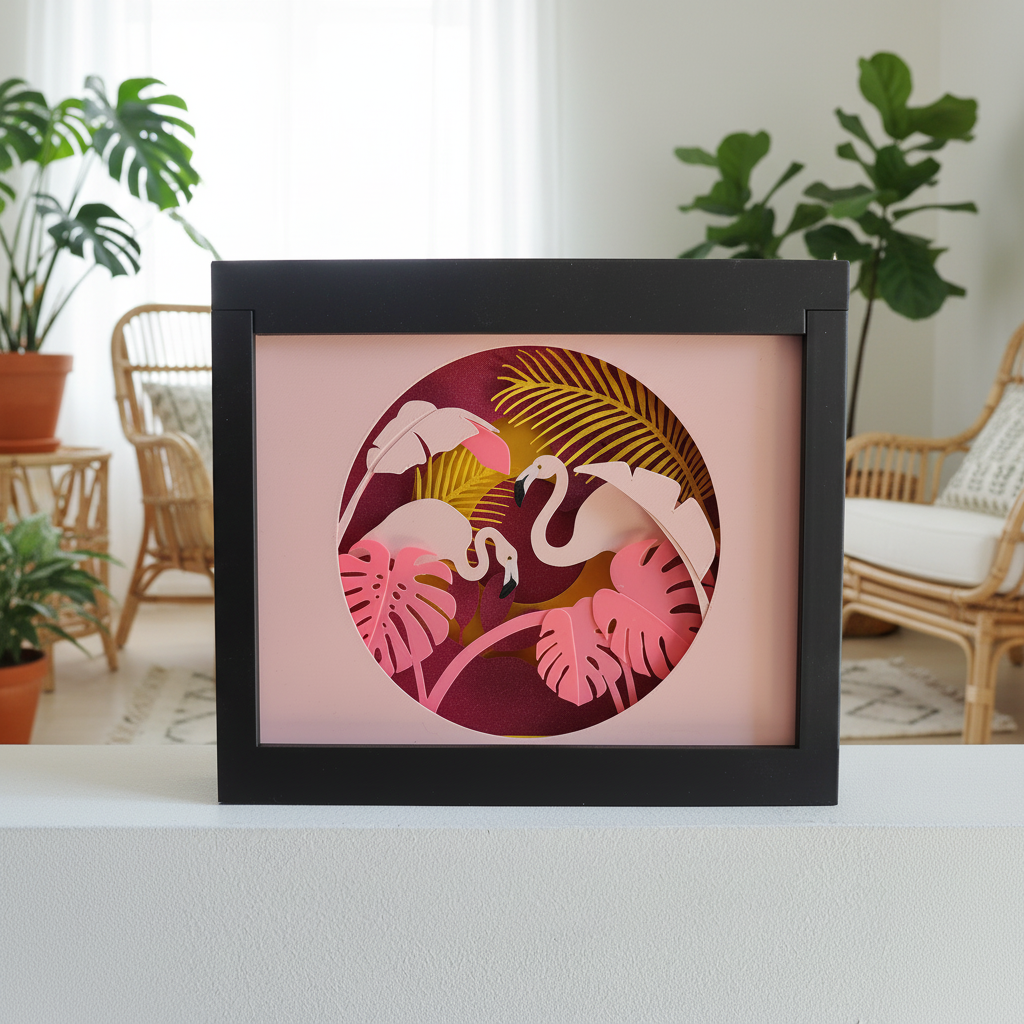 Flamingo Paradise Shadow Box displayed on a white shelf in a bright tropical-inspired living room with rattan furniture and plants