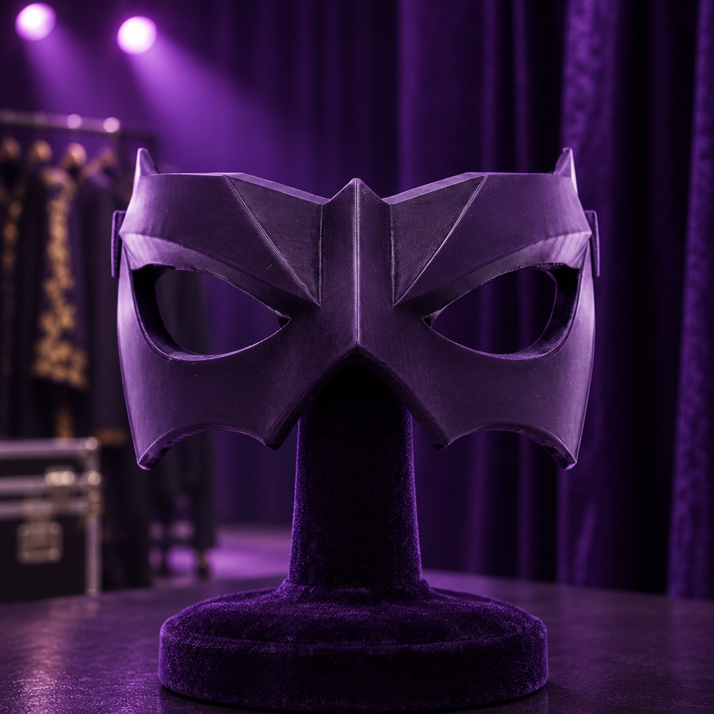 Purple angular mask in a theatrical backstage setting, strap not included