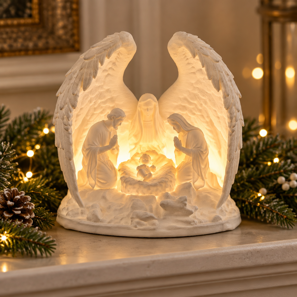Angel-wing Nativity tealight holder styled on a winter mantel