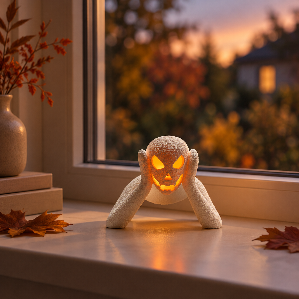NOBODY LANTERN glowing on an indoor windowsill at autumn dusk