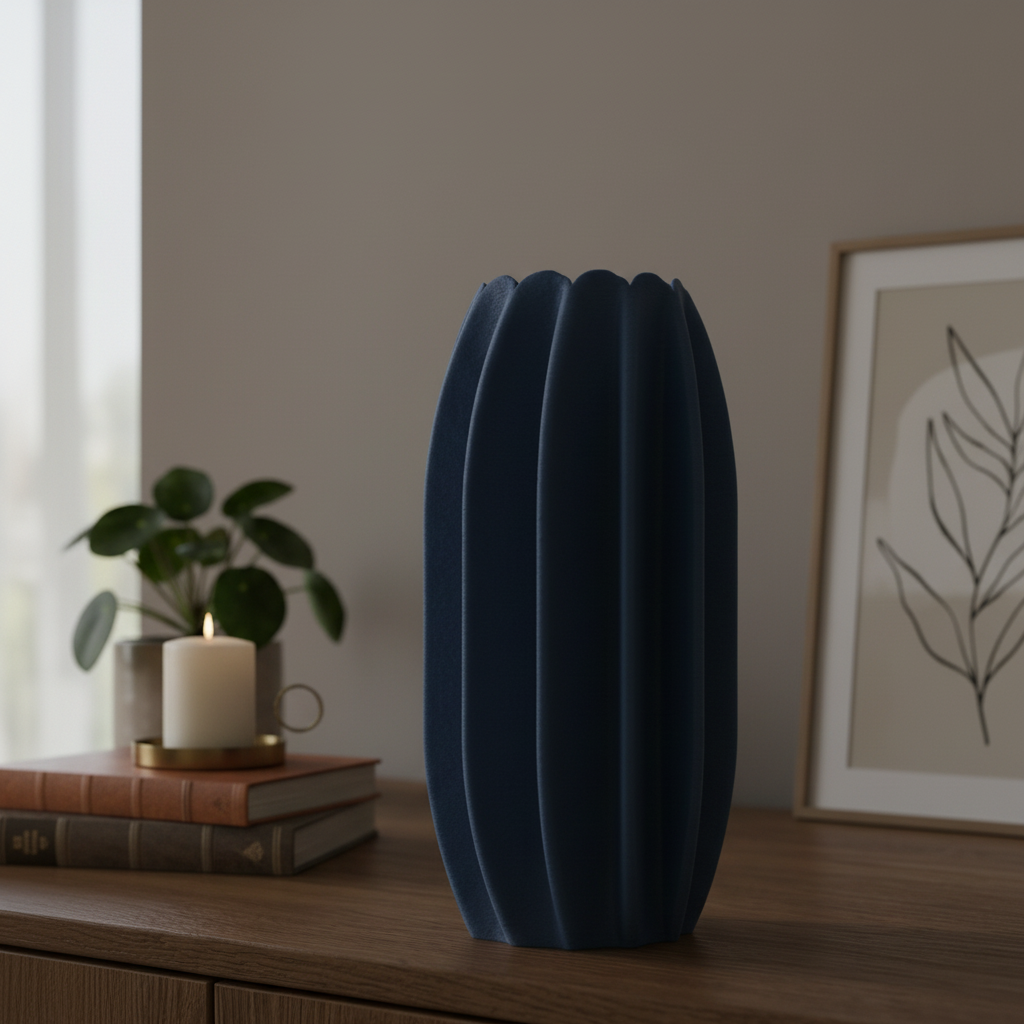 Elegant Finned Decorative Vase on dark oak desk