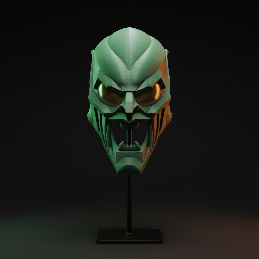Clean green geometric villain mask sculpture displayed on a black pedestal with dramatic studio lighting
