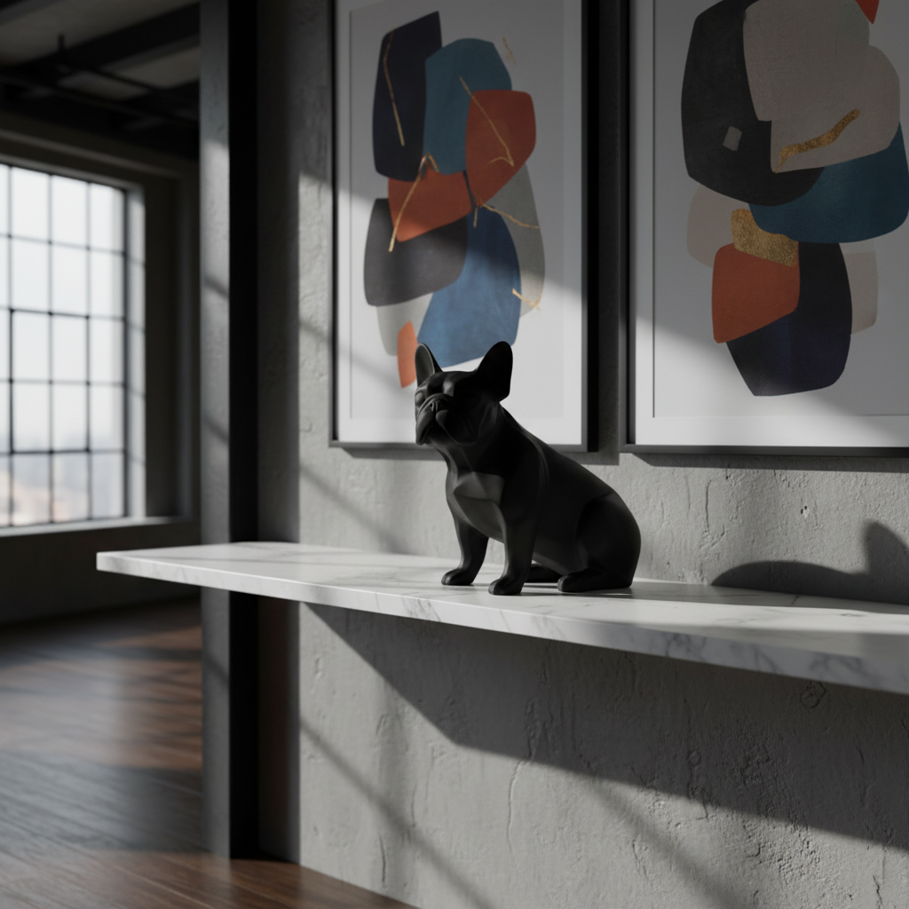 Matte black Frenchie Sculpture on a marble shelf with abstract art prints in the background