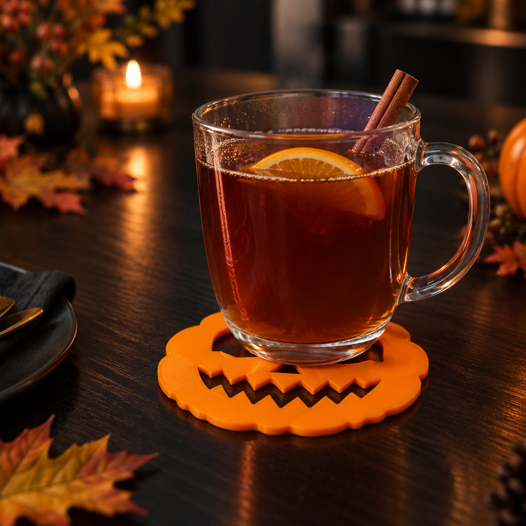 Orange pumpkin face coaster under a glass mug on a dark autumn table