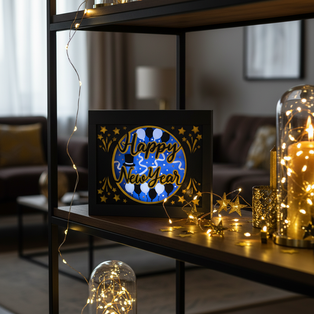 Happy New Year Shadow Box displayed on a dark shelf in a moody living room with fairy lights and gold accents