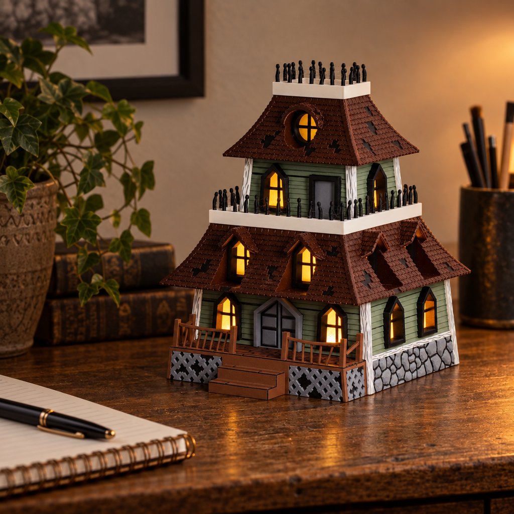 Haunted house on rustic desk