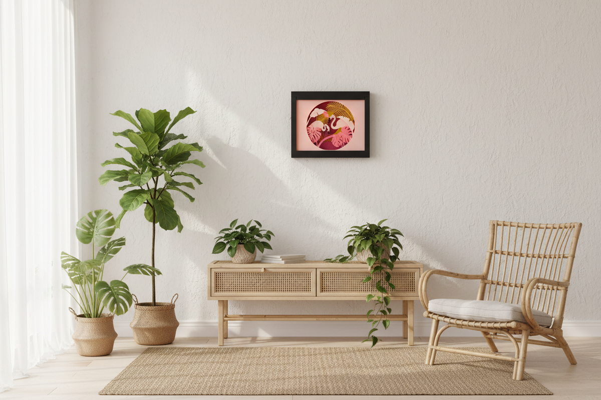 Flamingo Paradise shadow box glowing pink on a white wall in a tropical-inspired living room with rattan furniture and houseplants