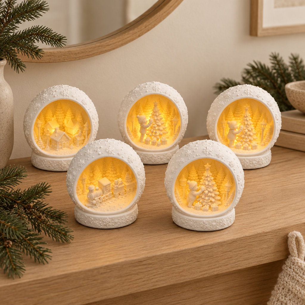 Five white snowflake-pattern Christmas scene tealight holders grouped on a pale oak mantel with a warm flameless LED glow.
