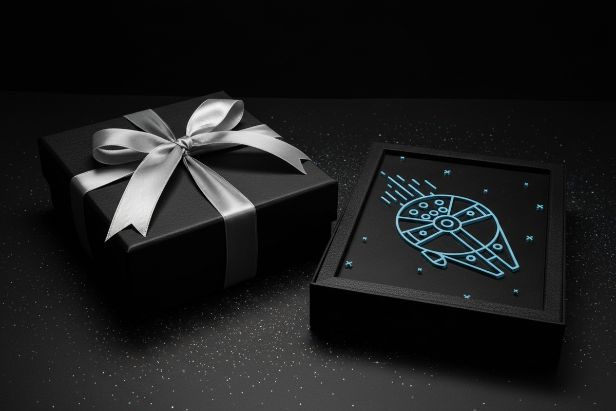 Millennium Falcon Neon Line Art shadow box presented as a gift in a sleek black box with silver ribbon