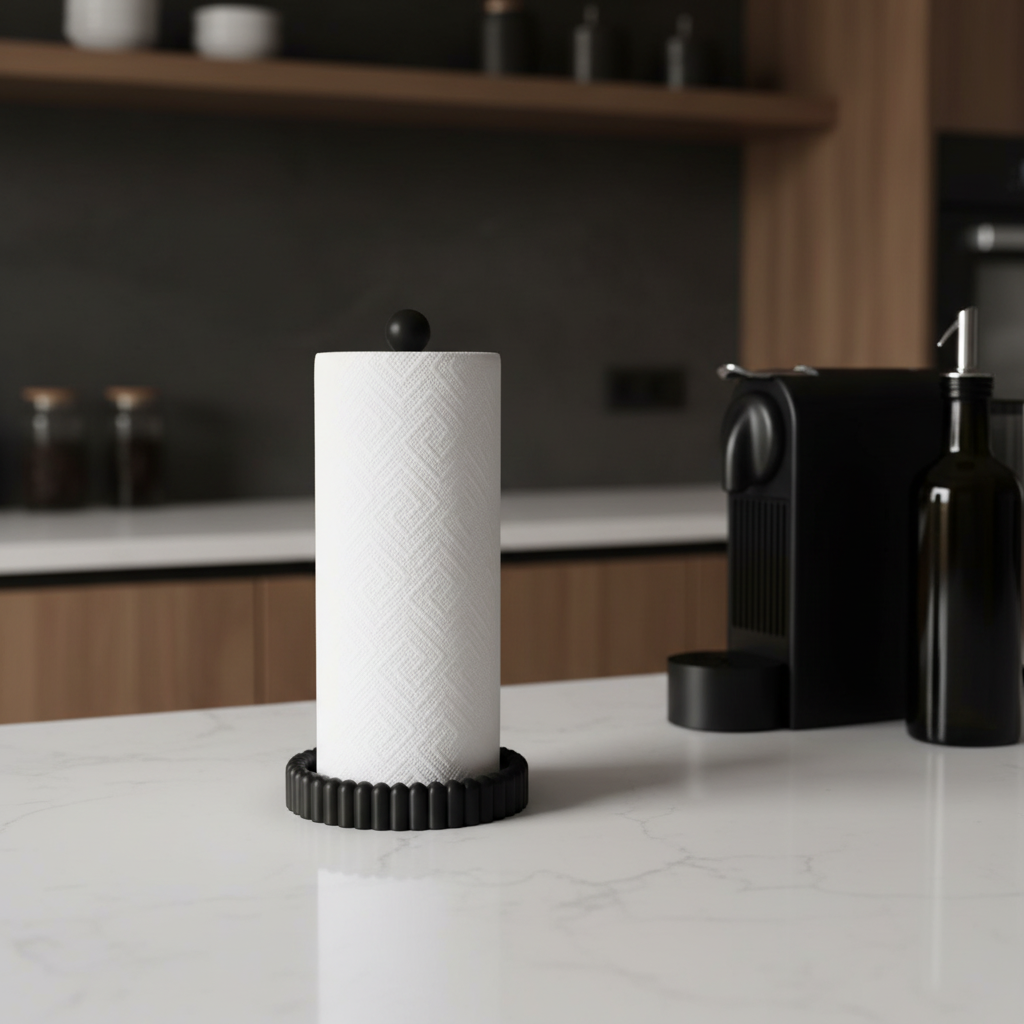 Kitchen Roll Paper Towel Holder - black colourway with kitchen roll on white quartz counter, coffee machine and olive oil bottle in background