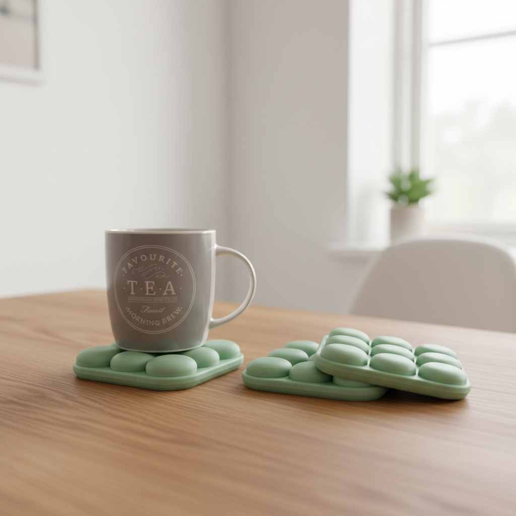 Sage green dual coaster on oak desk - lifestyle