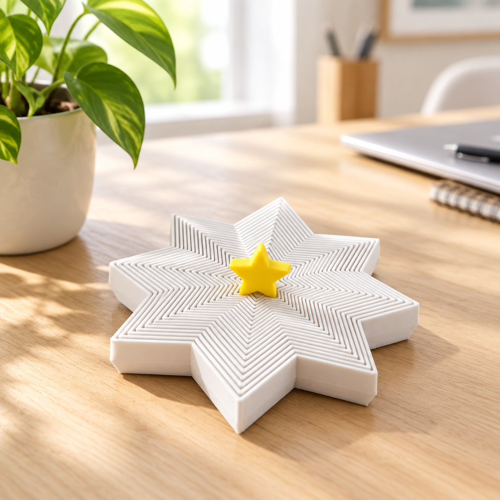 White star-shaped fidget spinner with a yellow centre star on a light wood desk beside a small plant