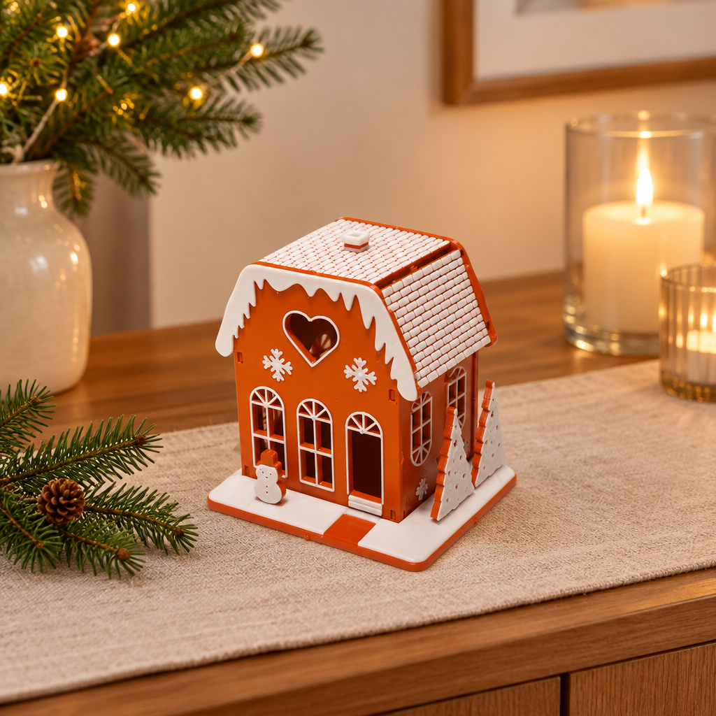 Orange miniature Christmas house displayed on a dining-room sideboard