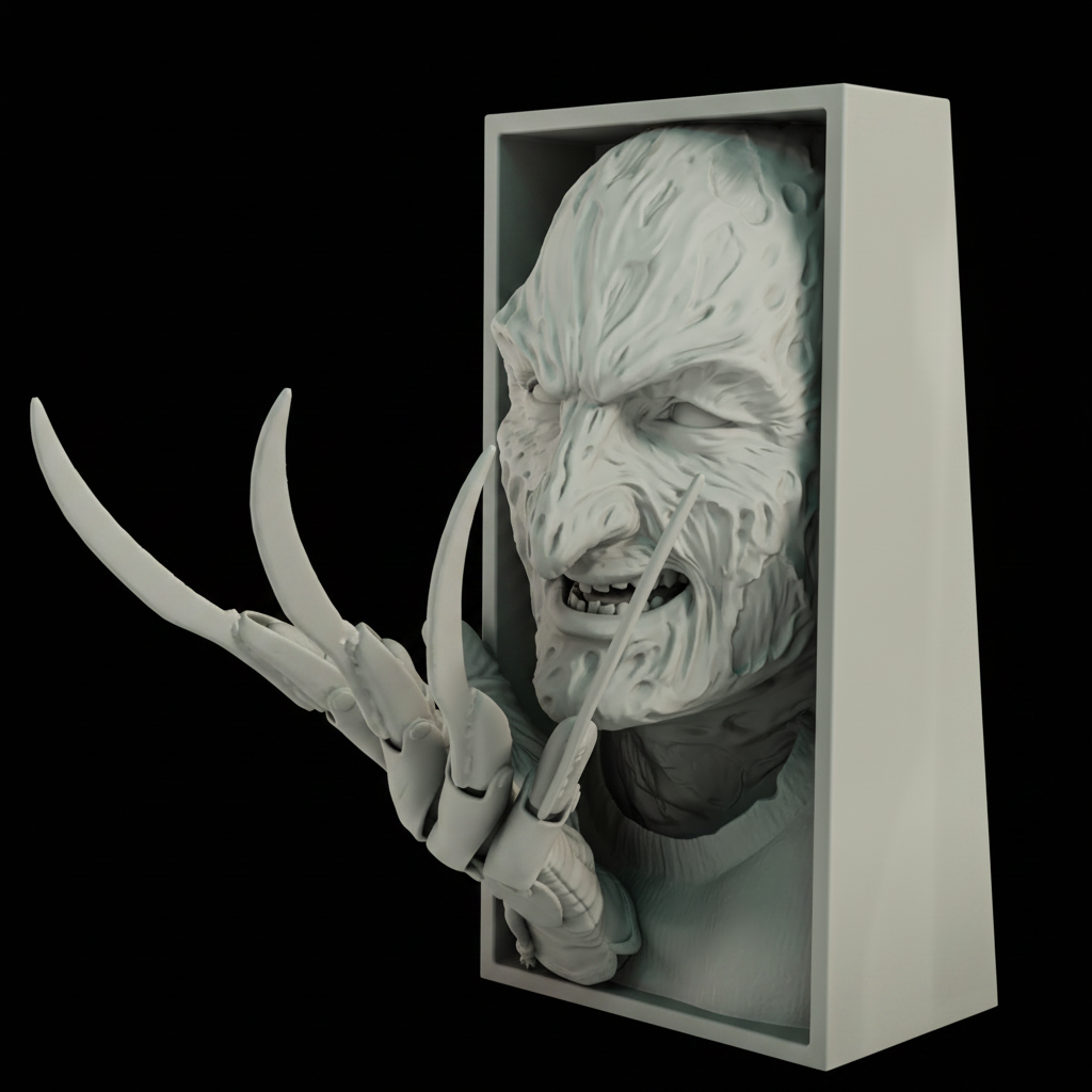 Freddy Krueger book nook relief sculpture grey framed box extreme close up macro deeply scarred melted flesh face snarling teeth heavy lidded eyes razor claw blades pure black studio split raking light every scar fold skin texture blade detail sharp precise sculptural shadow square editorial
