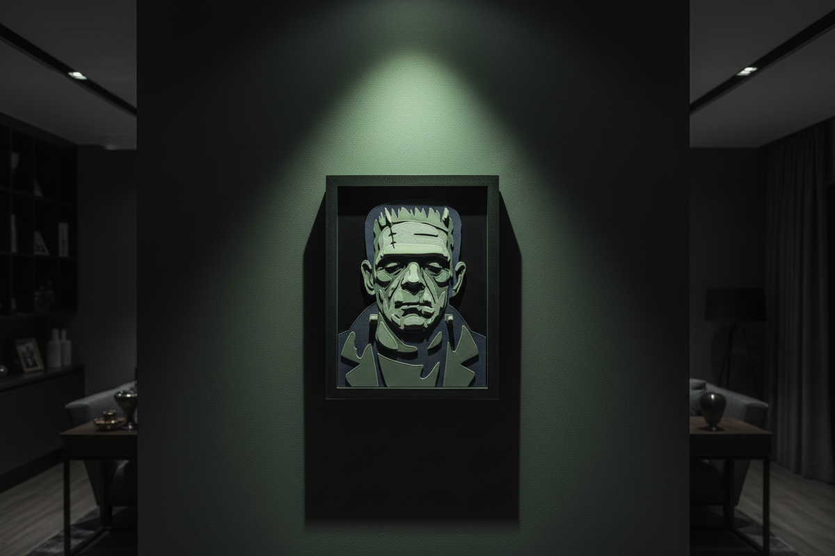 Frankenstein's Monster Shadow Box hung on a dark charcoal feature wall with cold green-white spotlight